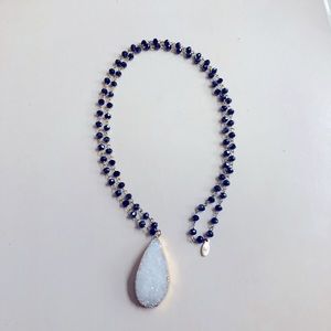Gorgeous Druzy pendant necklace. Navy Swarovski (I think). 36”. Gold accents.